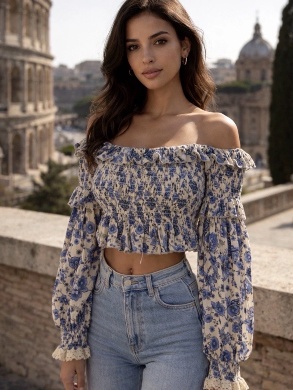 Scandal Made in Italy YASMINE Off-Shoulder Blue Floral Smocked Crop Top - Women